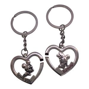 Couples His Her Mickey Minnie Mouse Heart Key Rings Chains Set Gift Box